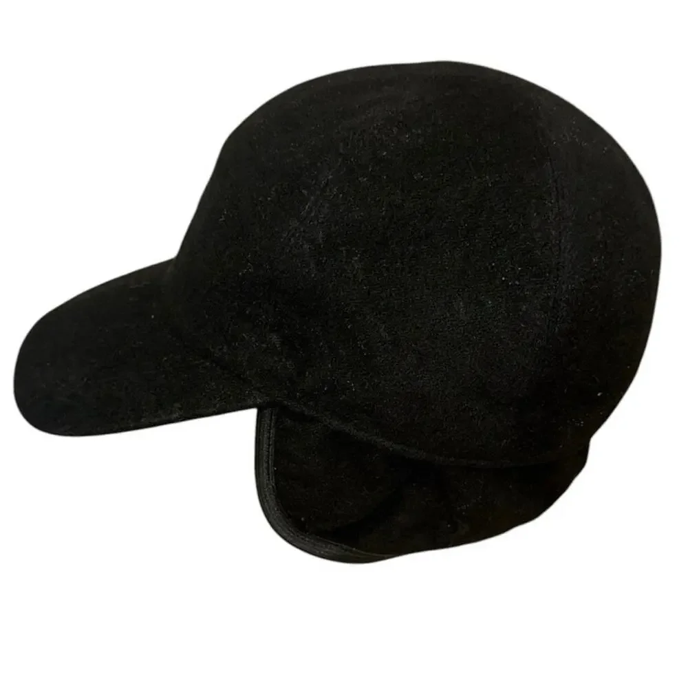 Bloomingdale’s Black 100% Cashmere Earflap Cadet Cap Military Hat OS